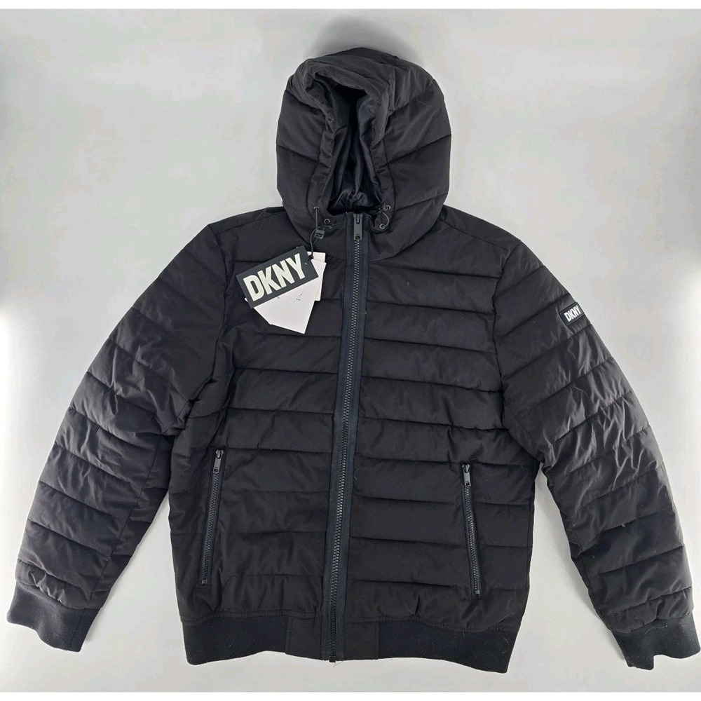 DKNY Quilted Hooded Bomber Puffy‎ Jacket Mens Sz M Black 4 Way Stretch NWT